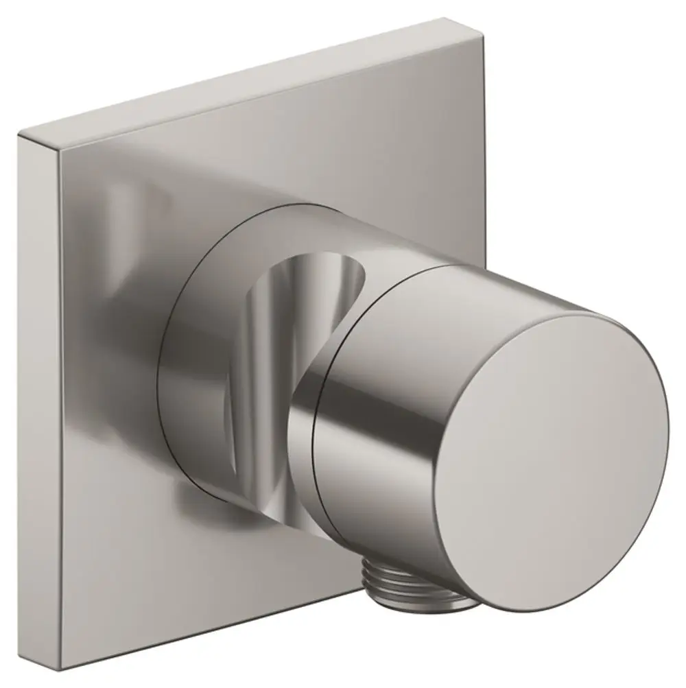 Eckige Duschelement mit silbernem Finish von Keuco, ausgestattet mit einer Umstellung für Wasserabgabe aus zwei unterschiedlichen Ausgängen.